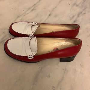 Prada red and white loafers